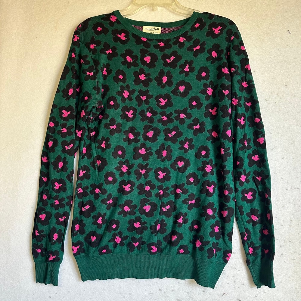 Sugarhill Brighton Green Pink Floral Leopard Cotton Sweater US 6 UK 10